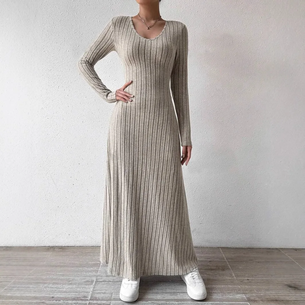 Solid Color Long Dress, Fashionable Knitted Long Sleeve A-Line Streetwear Dress for Women, Slimming Fit Dress