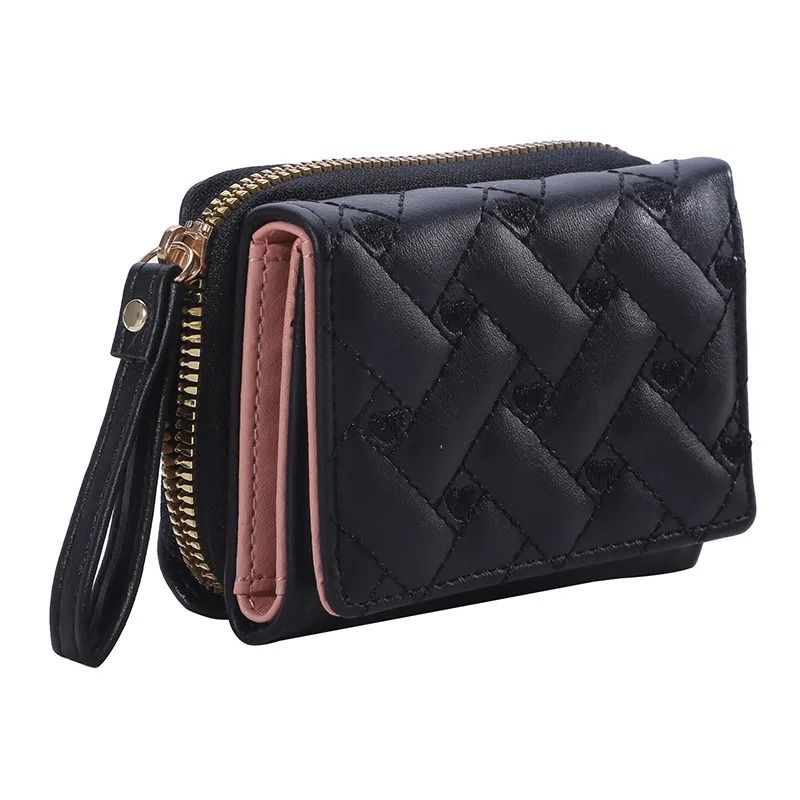 Women PU Leather Embroidered Love Trifold Small Wallet Card Holder