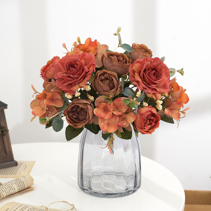 Vintage Bride Bouquet, Artificial Silk Flowers, Retro Rose, Peony and Hydrangea, Wedding Decoration, Home Decor