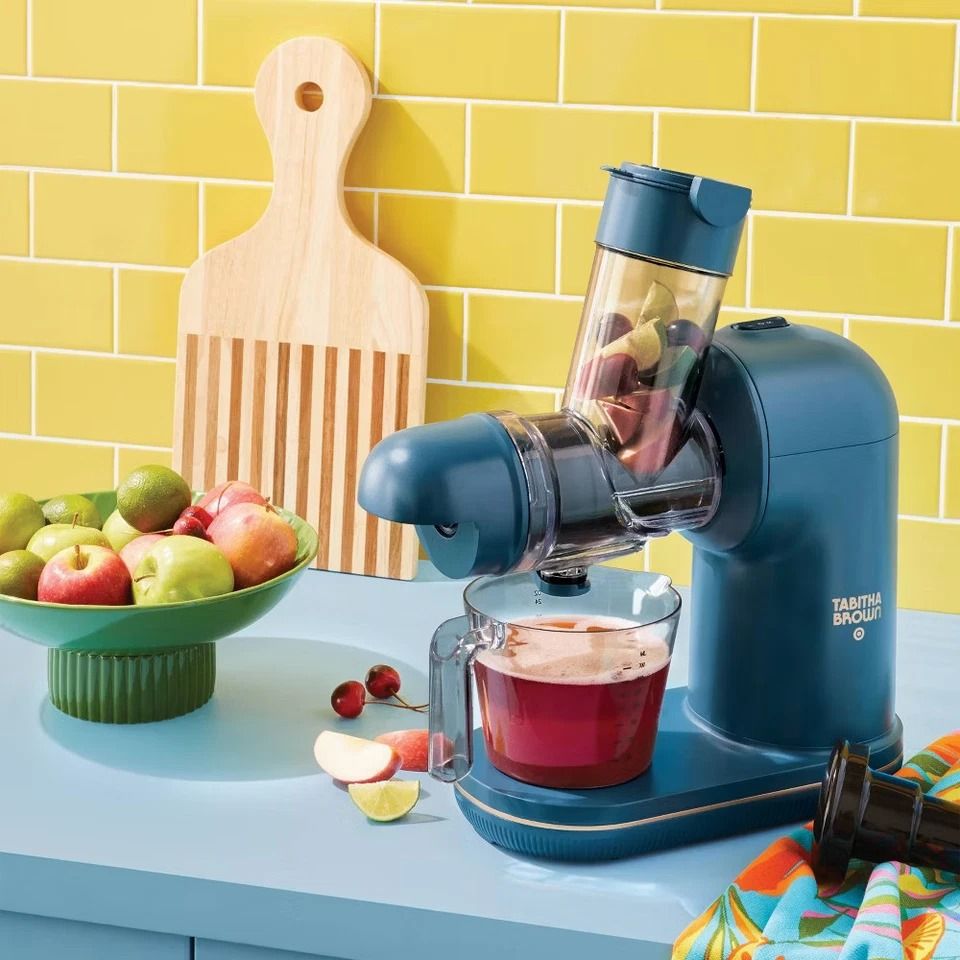 Tabitha Brown Electric Masticating Juicer, Dark Teal Blue, Slow-Chewing Juicer, Anti-Drip, Fine & Coarse Strainers
