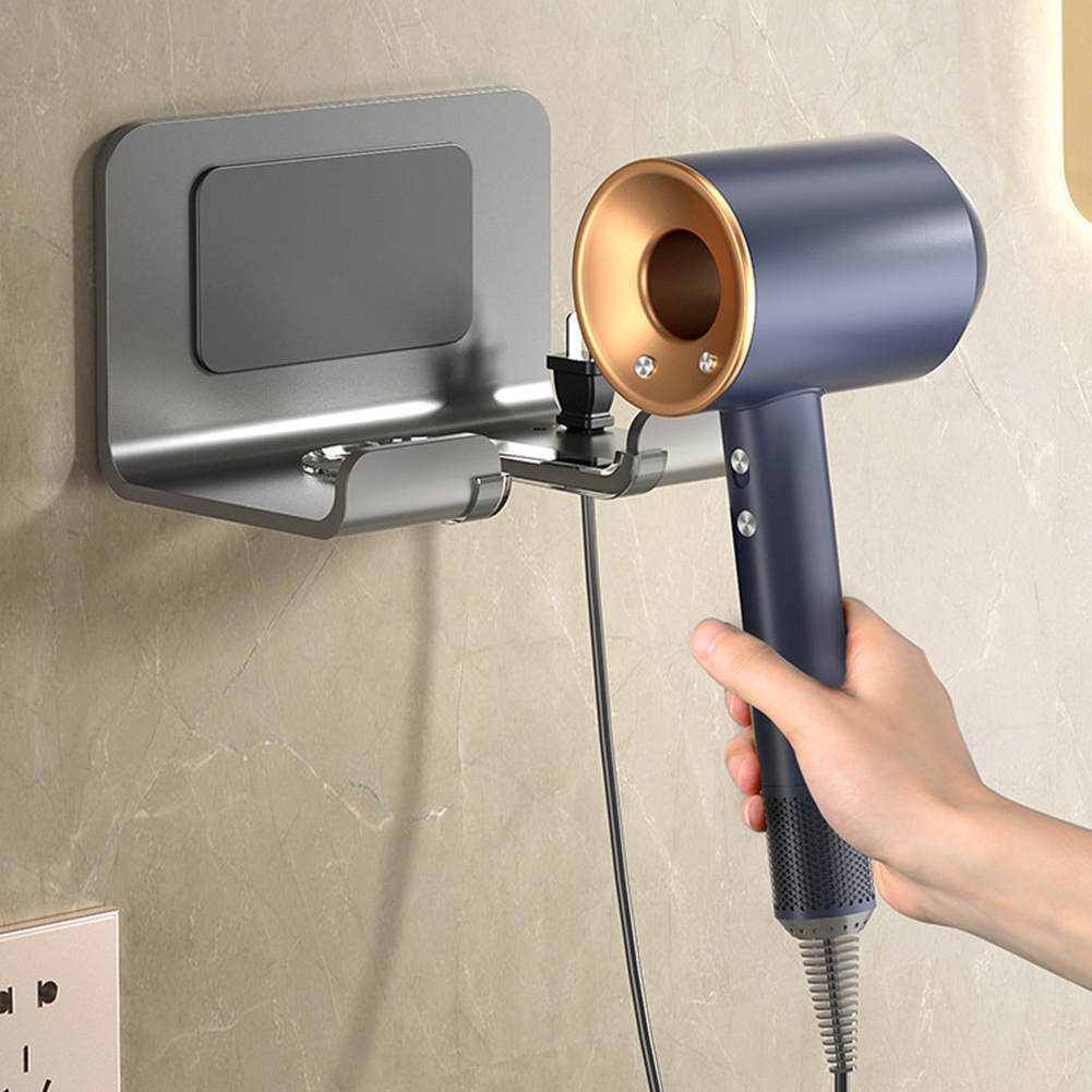 Space Aluminum Wall Mounted Hair Dryer Holder, Punch-Free Storage Rack