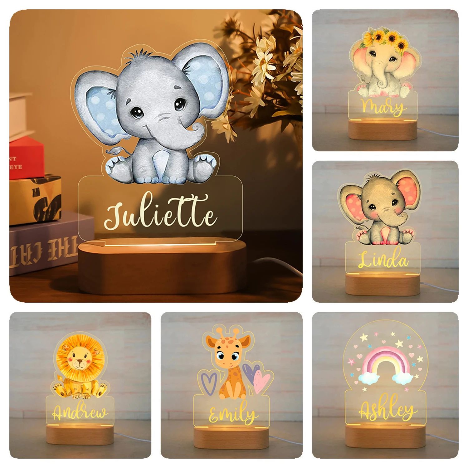 Personalized Kids Night Light Custom Name Animal Acrylic Lamp