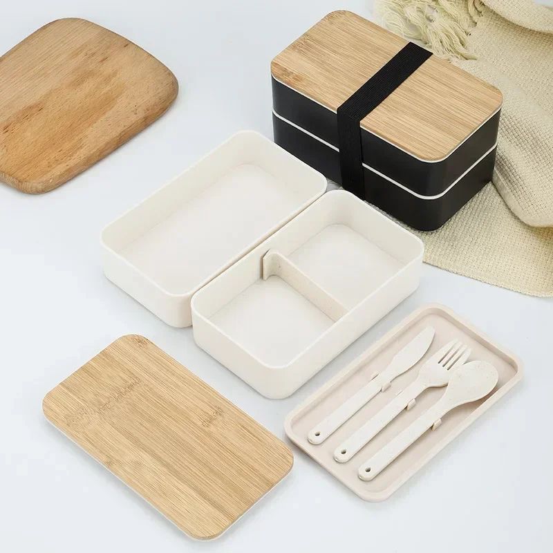 Japanese Style Double Layer Bento Lunch Box with Utensils
