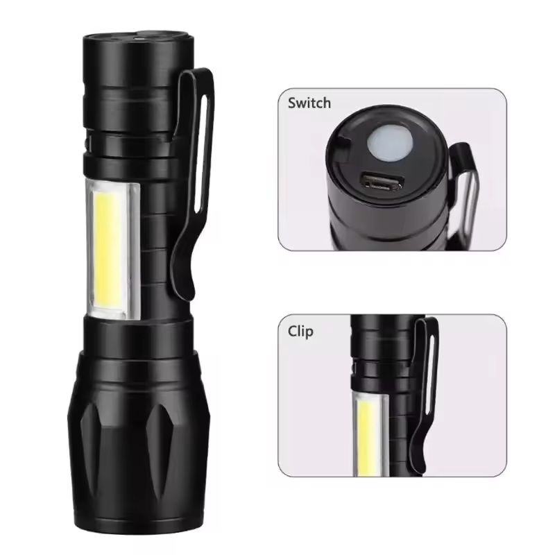 Mini LED Flashlight with COB+XPE – USB Rechargeable, Zoomable Focus, Tactical Design with Pen Clip