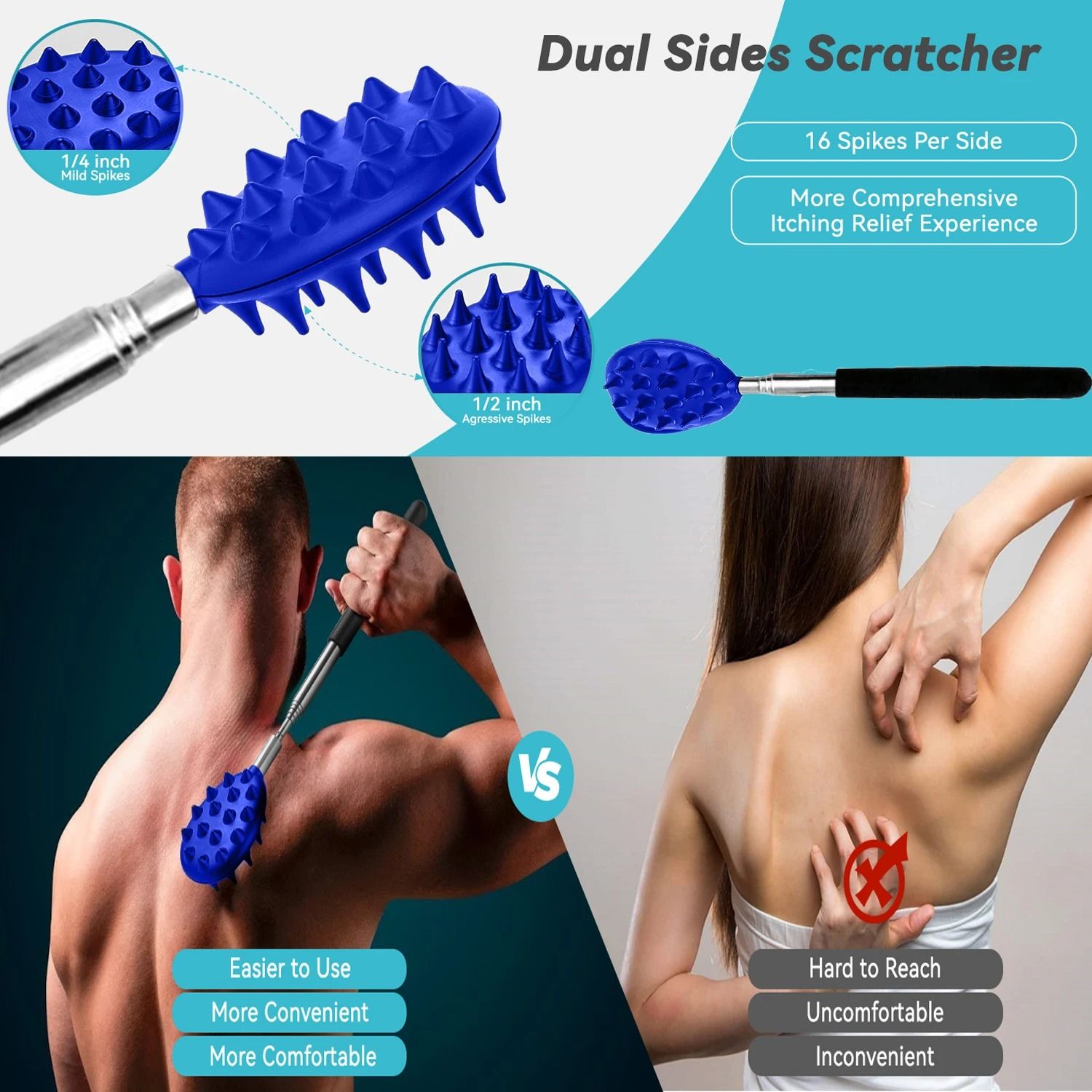 Extendable Back Scratcher with Dual Scratch and Massage Surfaces