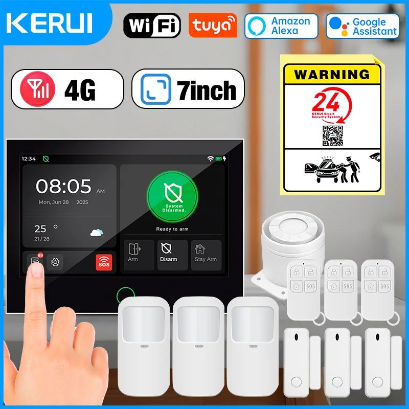 KERUI Tuya Smart 4G WiFi Home Alarm System with 7-Inch Touch Screen, Voice Control & App-Based House Security