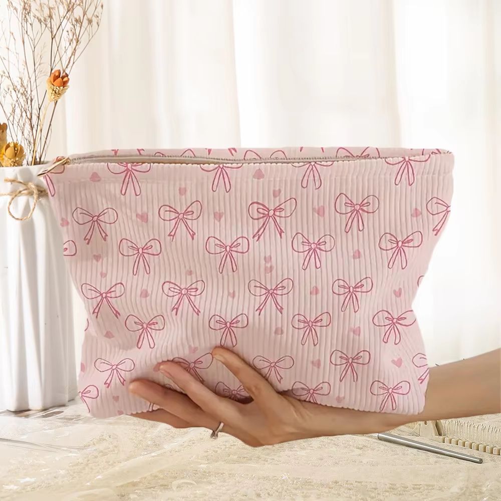 Pink Bowknot Cosmetic Bag Corduroy Zipper Makeup Organizer Lightweight Portable Cosmetic Storage Bag for Women Travel Ha