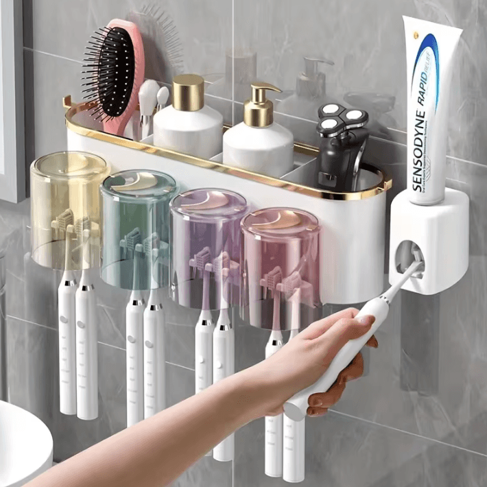 Toothbrush Holder With Squeezer – Perforation-Free Bathroom Shelf and Mouthwash Cup Organizer