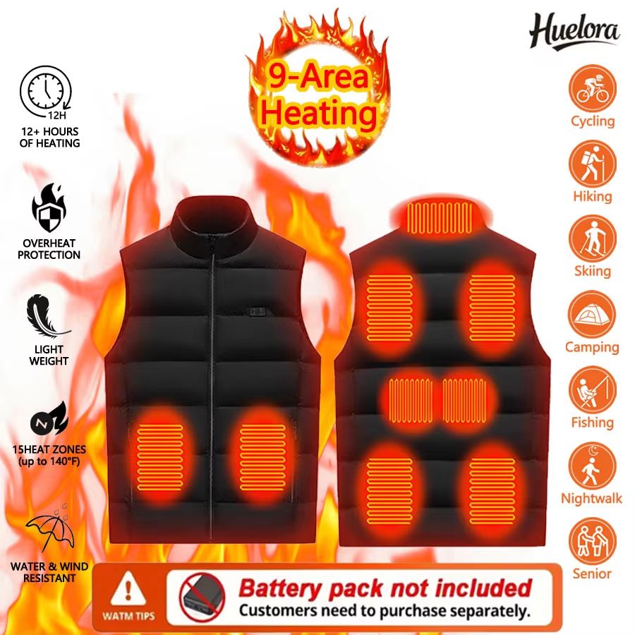Unisex Heated Vest Winter 9-Area Heating Stand-Up Collar Outdoor Sports Jacket Vest (Power Bank Not Included)
