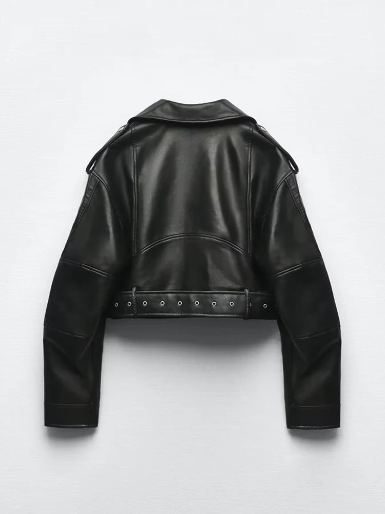 Womens Vintage Moto Jacket, Oversized Faux Leather Biker Coat, with Belt and Zipper, Streetwear Outwear
