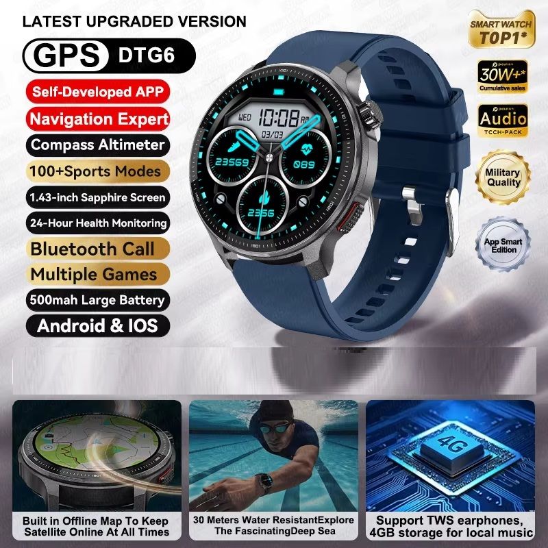 Smart Watch with Offline Maps, GPS Music Player & 10ATM Waterproof Fitness Tracker