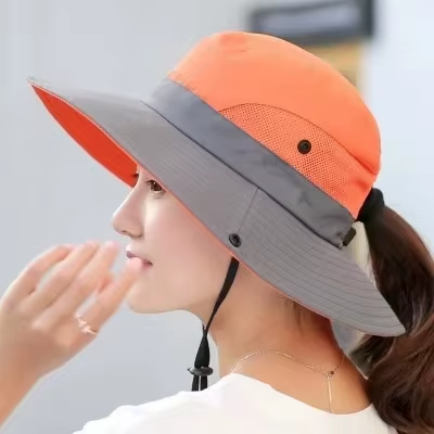 Womens Wide Brim Sun Hat with Ponytail Hole Breathable Waterproof Summer Beach Hat
