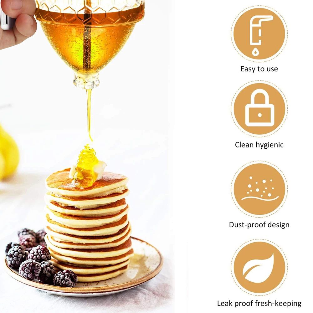 No-Drip Honey Dispenser with Stand – Clear Acrylic Honey Pourer Jar for Syrup & Juice