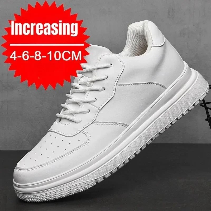 Mens Height Increasing Sneakers Invisible Elevator White Leather Sport Shoes