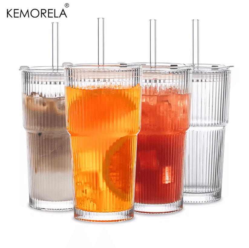 Glass Coffee Cup with Lid and Straw 600ml Transparent Iced Drinkware