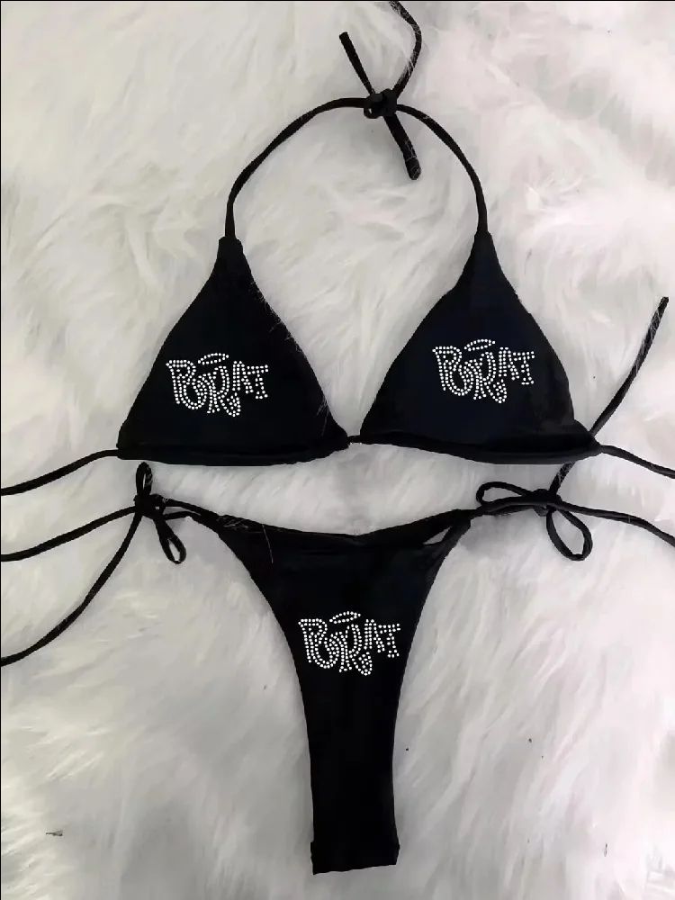 2000s Punk Y2K Gothic Rhinestone Lace-Up Bikini Swimsuit