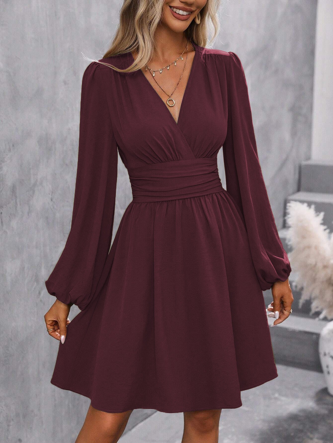 Women Winter Neck Lantern Sleeve Dress, Knit Dress with Waist Shirring, Bodycon Maxi