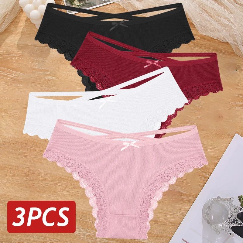 Women's 3-Piece Cotton Low-Rise Lace Brazilian Panties Set Breathable Soft Underwear S-XL
