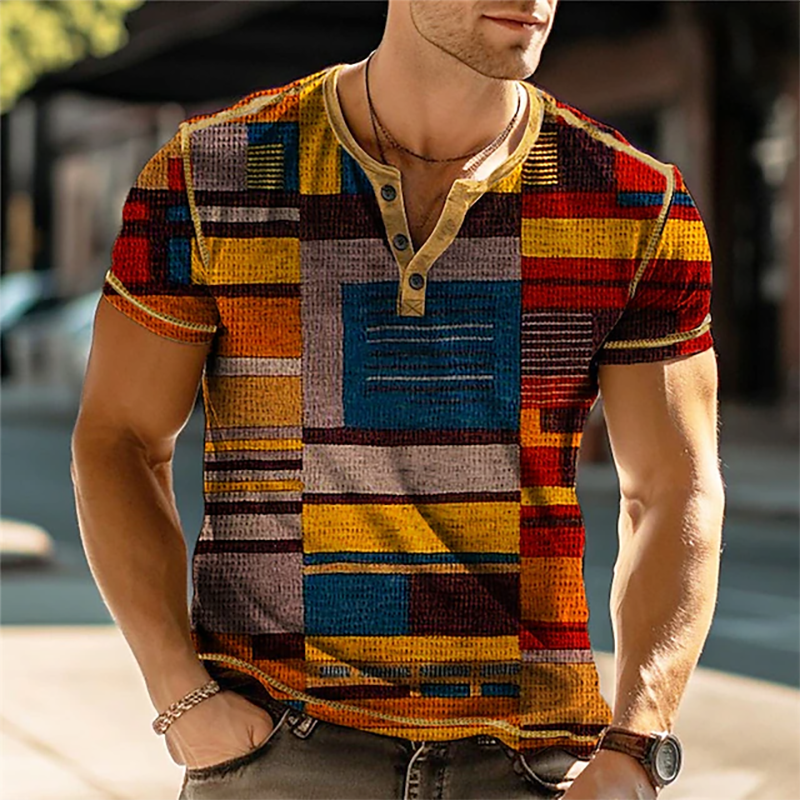 Mens Summer Color Block Vintage Henley Shirts, Casual Patchwork 3D Print Short Sleeve Button-Down T Shirt, Fashion Tees