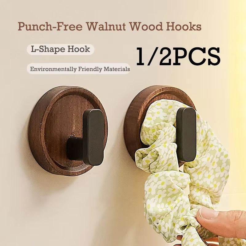 Punch-Free Walnut Wood Wall Hooks Circular Coat Key and Towel Hook Organizer for Bathroom Kitchen and Entryway