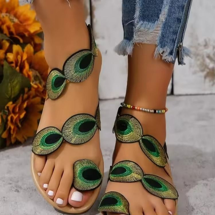Embroidered Faux Flower Flat Sandals Women Summer Beach Travel Shoes