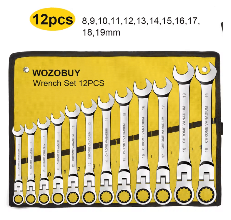 Metric Ratcheting Combination Wrench Set with Flex Head and Carrying Bag