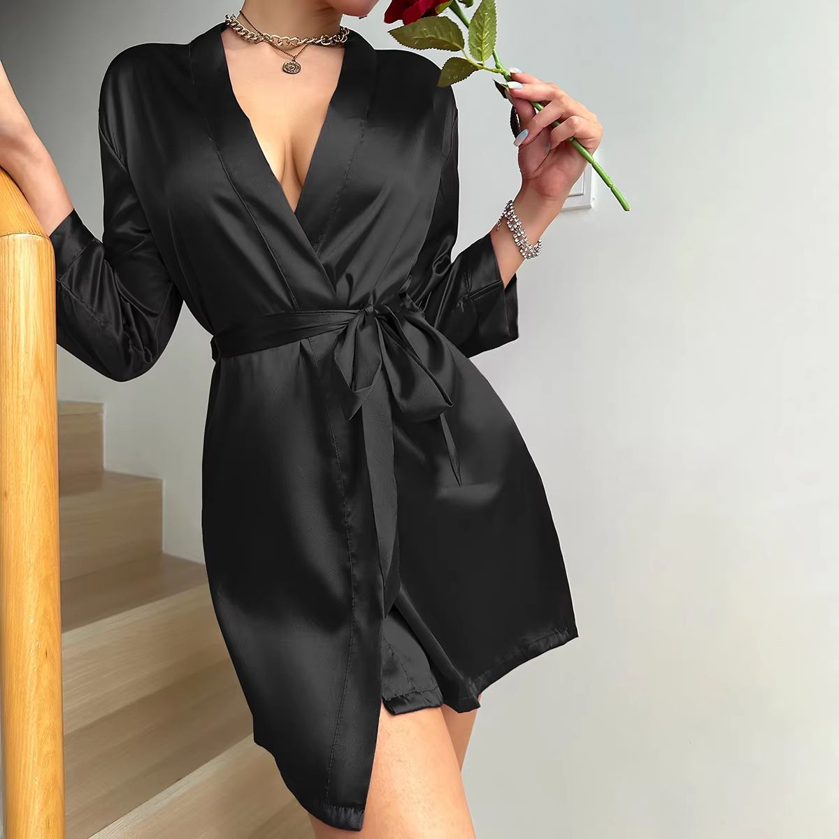 Women's Summer Ice Silk Lace-Up Home Pajama Robe