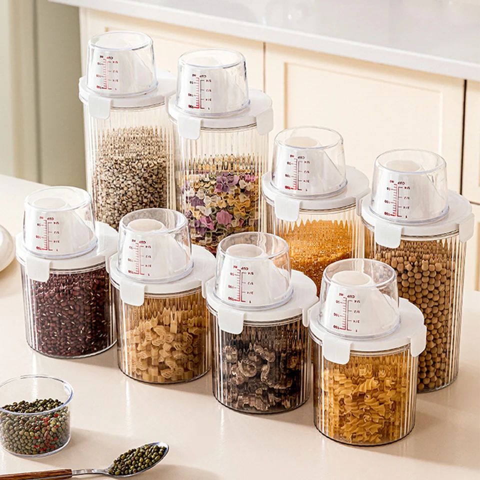 Transparent Food Storage Container with Pour Spout & Measuring Cup Lid | Cereal Sugar Beans Organizer Kitchen Bin