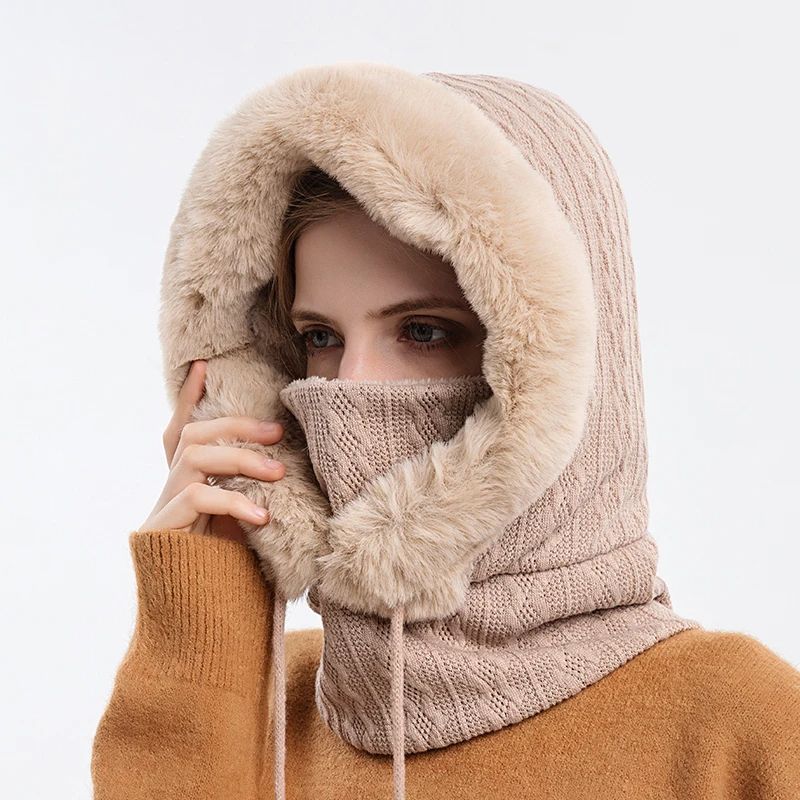 Women Winter Fur Cap Mask Set, Hooded Knitted Cashmere Balaclava Ski Hat with Thick Fluffy Beanies & Neck Warmer H