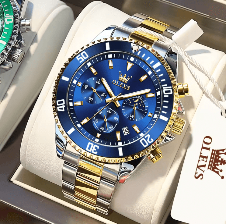 OLEVS Luxury Mens Watch Stainless Steel Chronograph Waterproof with Moon Phase