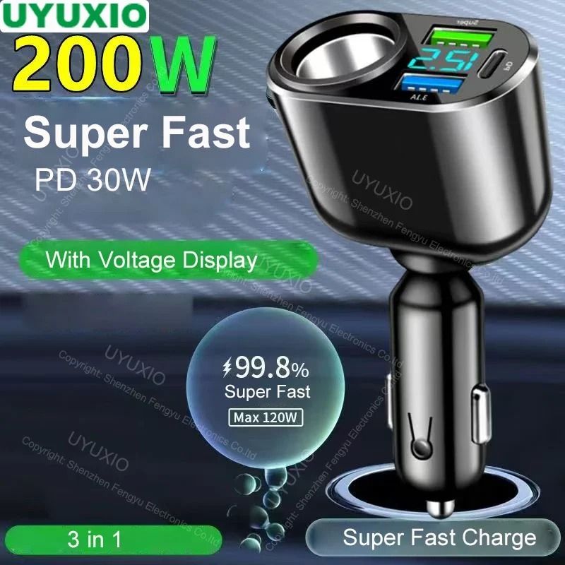UYUXIO Multi-Port USB-C Car Charger Adapter – Super PD 30W Fast Charge with Voltage Display & Extension Port