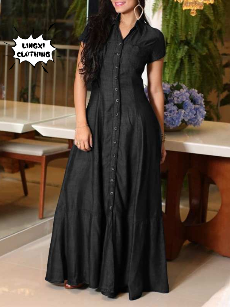 Casual Elegant Denim Dress with Long Sleeve Shirt Neck Pocket Large Swing and Single Breasted Design