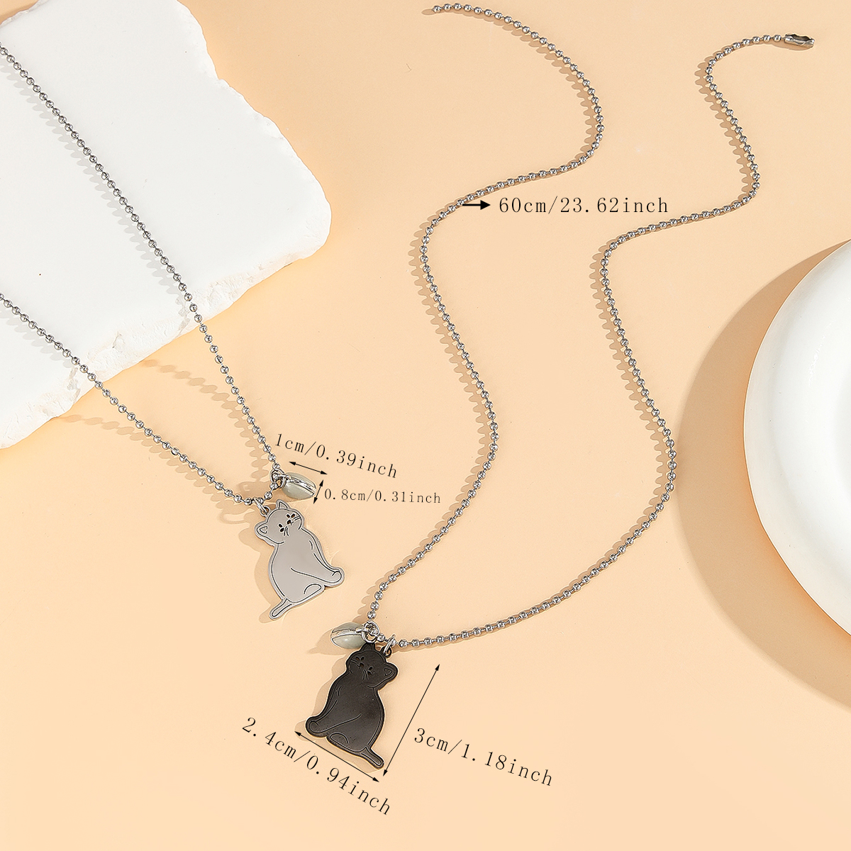 Luminous Heart Shaped Magnetic Couple Necklace Set, Stainless Steel Cat Pendant with Steel Bead Chain
