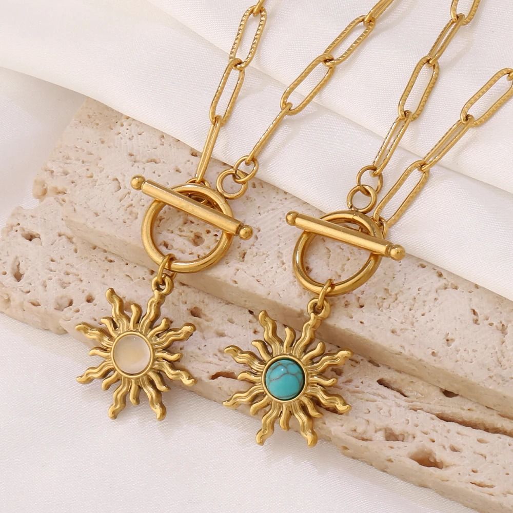 Sun Pendant Necklace Gold Turquoise Charm Stainless Steel Clavicle Chain