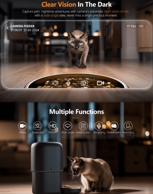 Automatic Cat Feeder Camera Pet Smart Cat Food Kibble Dispenser 2.4G/5GWiFi Tuya APP Control