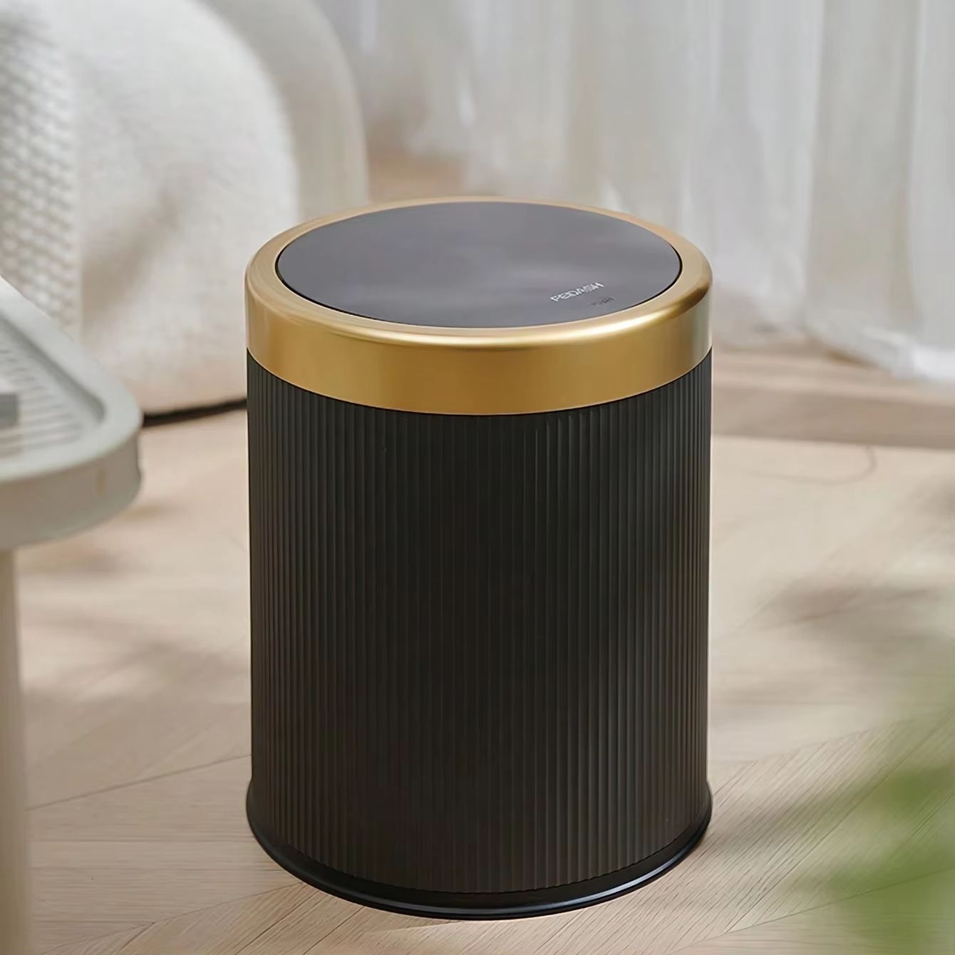 Modern White and Black Double-Layer Trash Bin with Press-Top Lid
