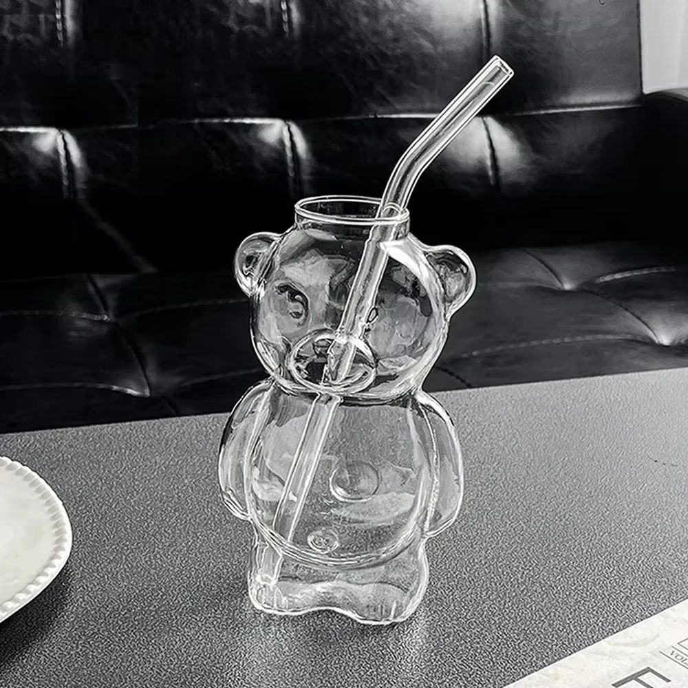 Cute Bear Glass Mug with Straw – 320ML Transparent Cartoon Coffee Cup