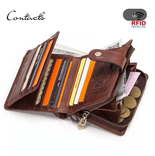 Vintage RFID Leather Wallet for Men Genuine Leather Zip Wallet with Coin Pocket