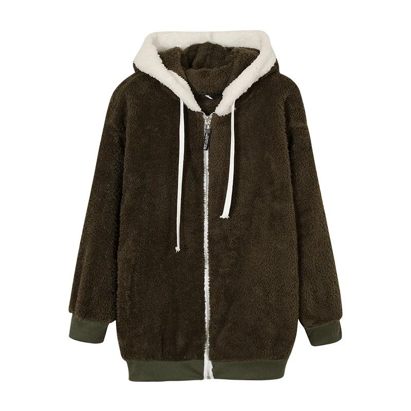 Cozy Womens Plush Hooded Jacket Loose Zip Up Winter Fleece Coat