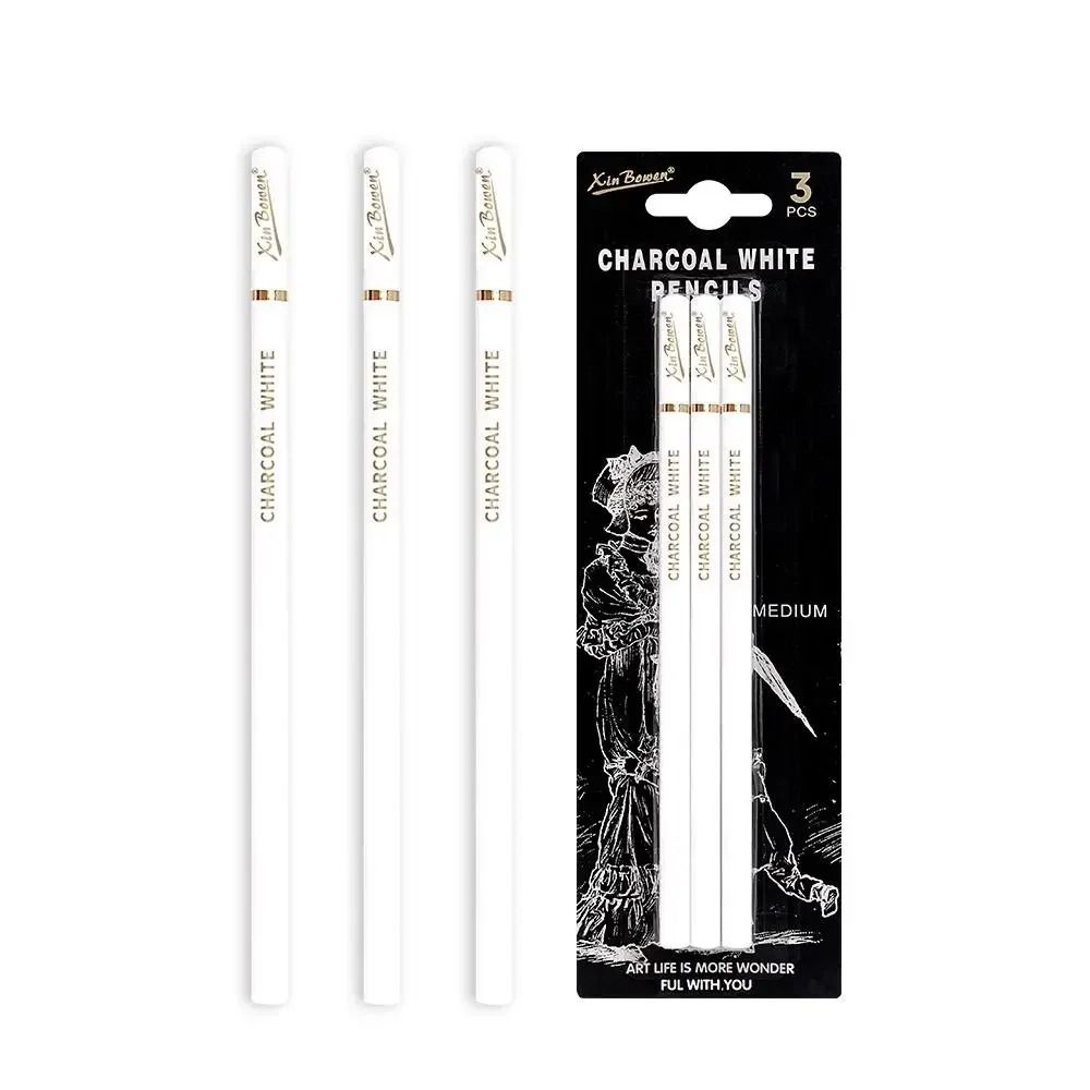 3PCS Professional White Charcoal Pencils Sketch Highlight Drawing Shading Blending Art Supplies
