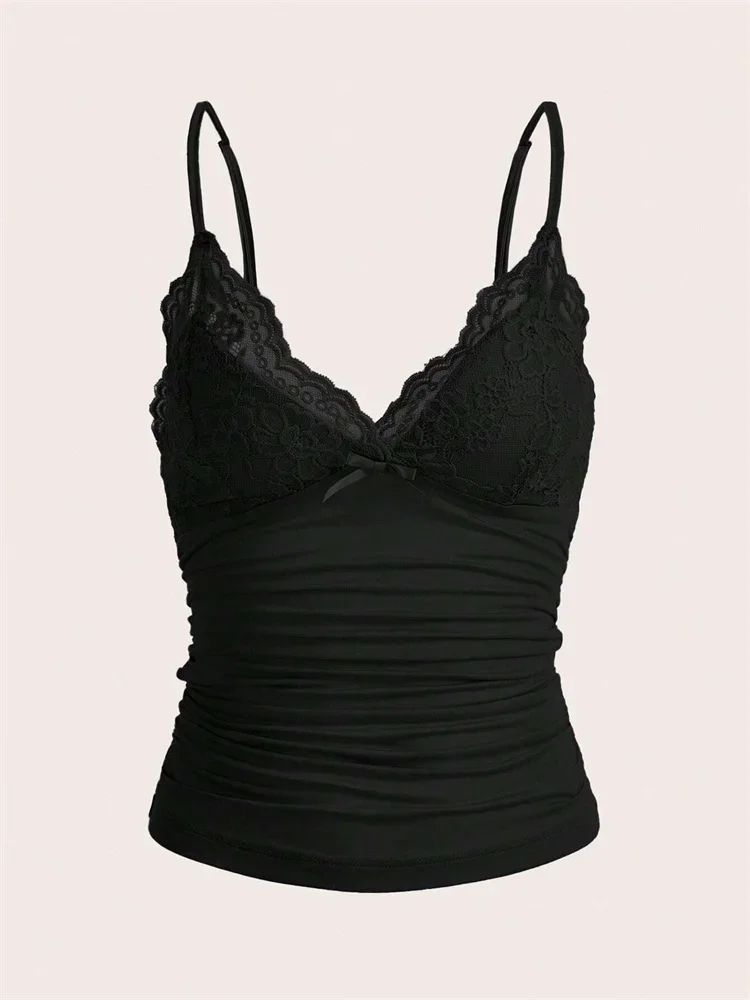 Sexy Lace Bow Front Crop Cami Top – Ruched Backless Y2K Grunge Summer Tank