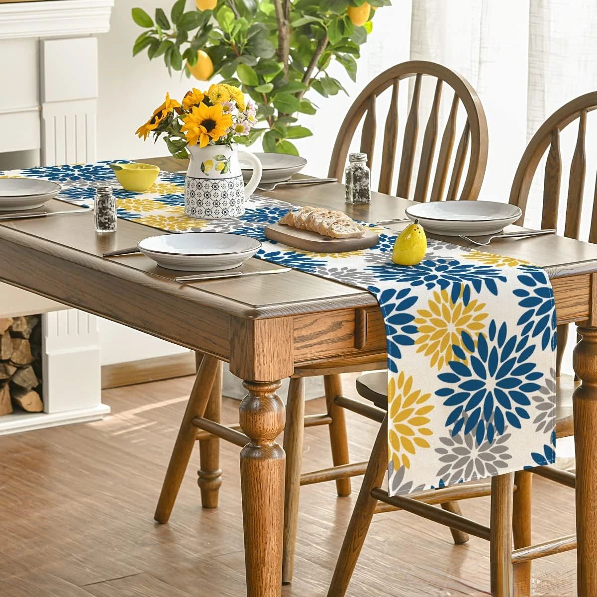 Blue Dahlia Floral Linen Table Runner – Summer Spring Seasonal Dining Table Decor