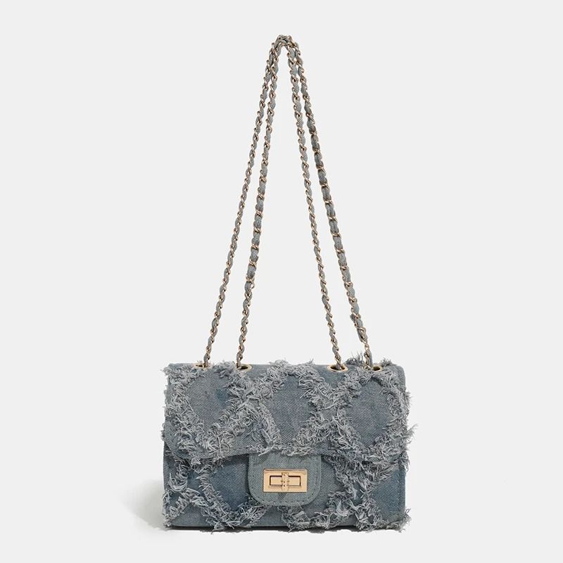 Trendy Shredded Denim Diamond Crossbody Chain Bag