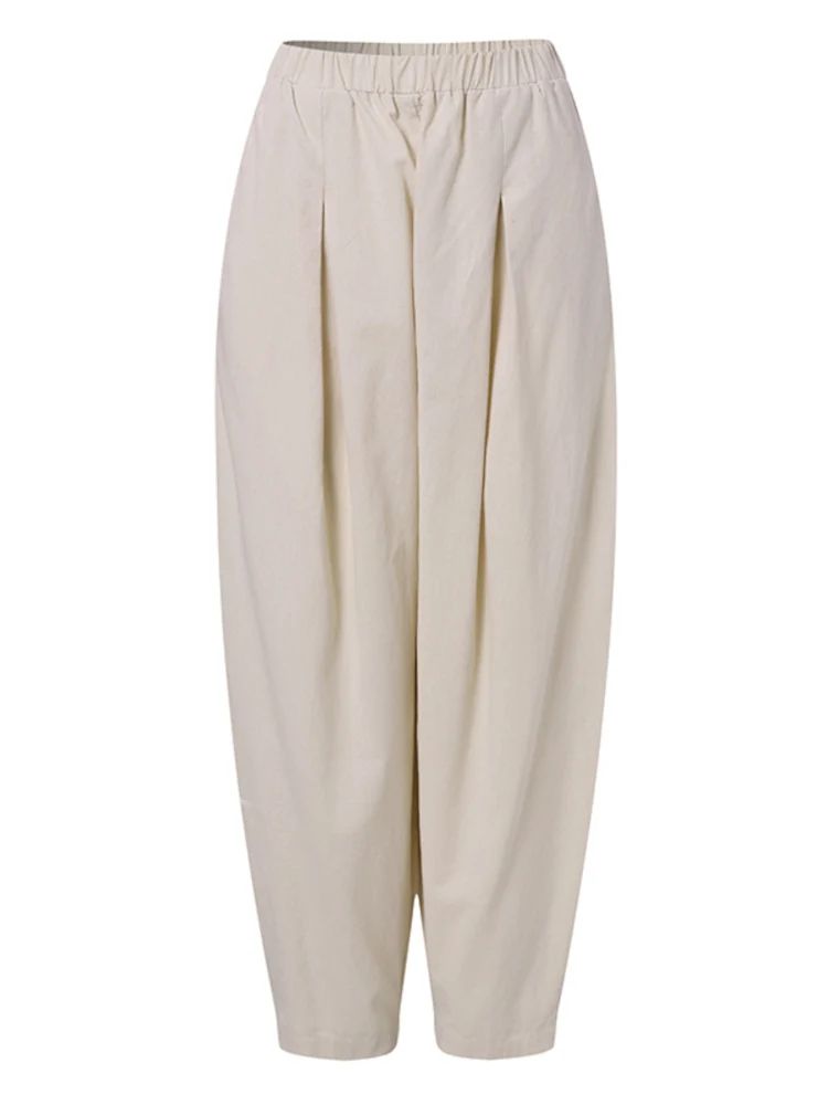 Women Summer Cotton Wide Leg Pants Elastic Waist Loose Casual Trousers
