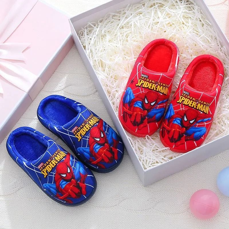 Cartoon Spiderman Cotton Slippers For Kids With Warm Lining And Indoor Comfort