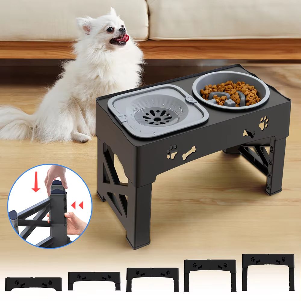 3-in-1 Adjustable Pet Feeder with Double Bowls, Slow Feeder Design, and Foldable Stand