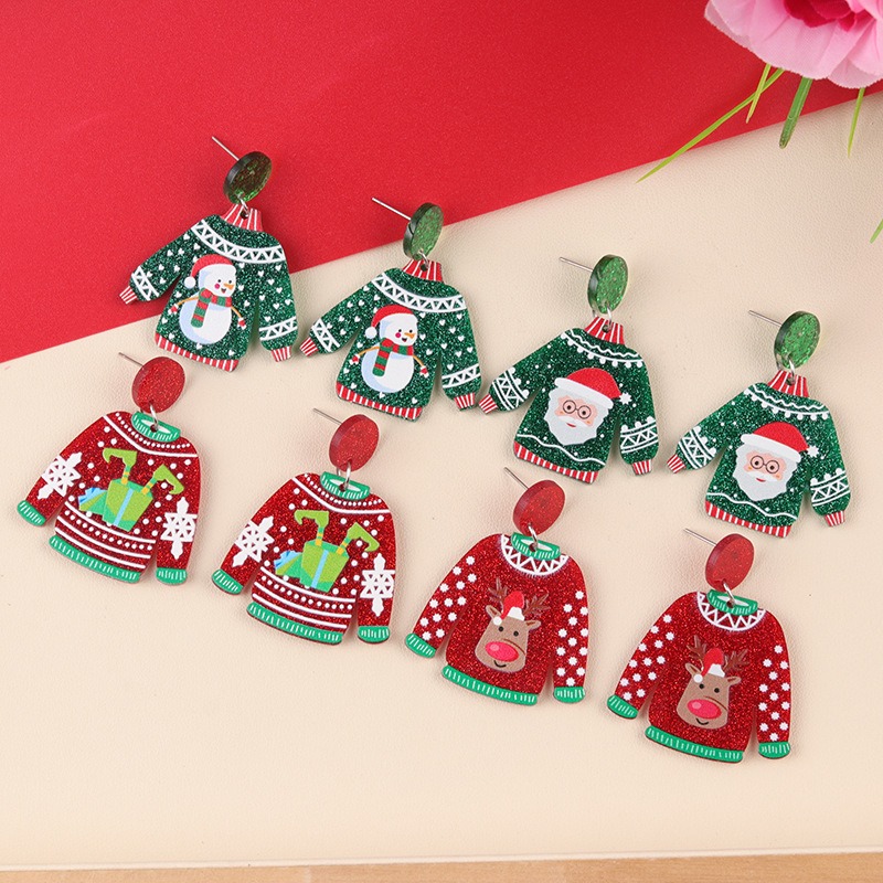 Santa Claus cartoon earrings for women, acrylic sweater shaped Christmas earrings, snowflakes earrings