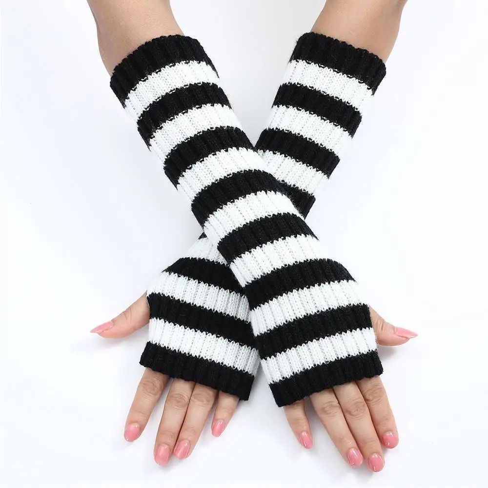 Gothic Striped Fingerless Arm Warmers - Harajuku Y2K Knit Sleeves