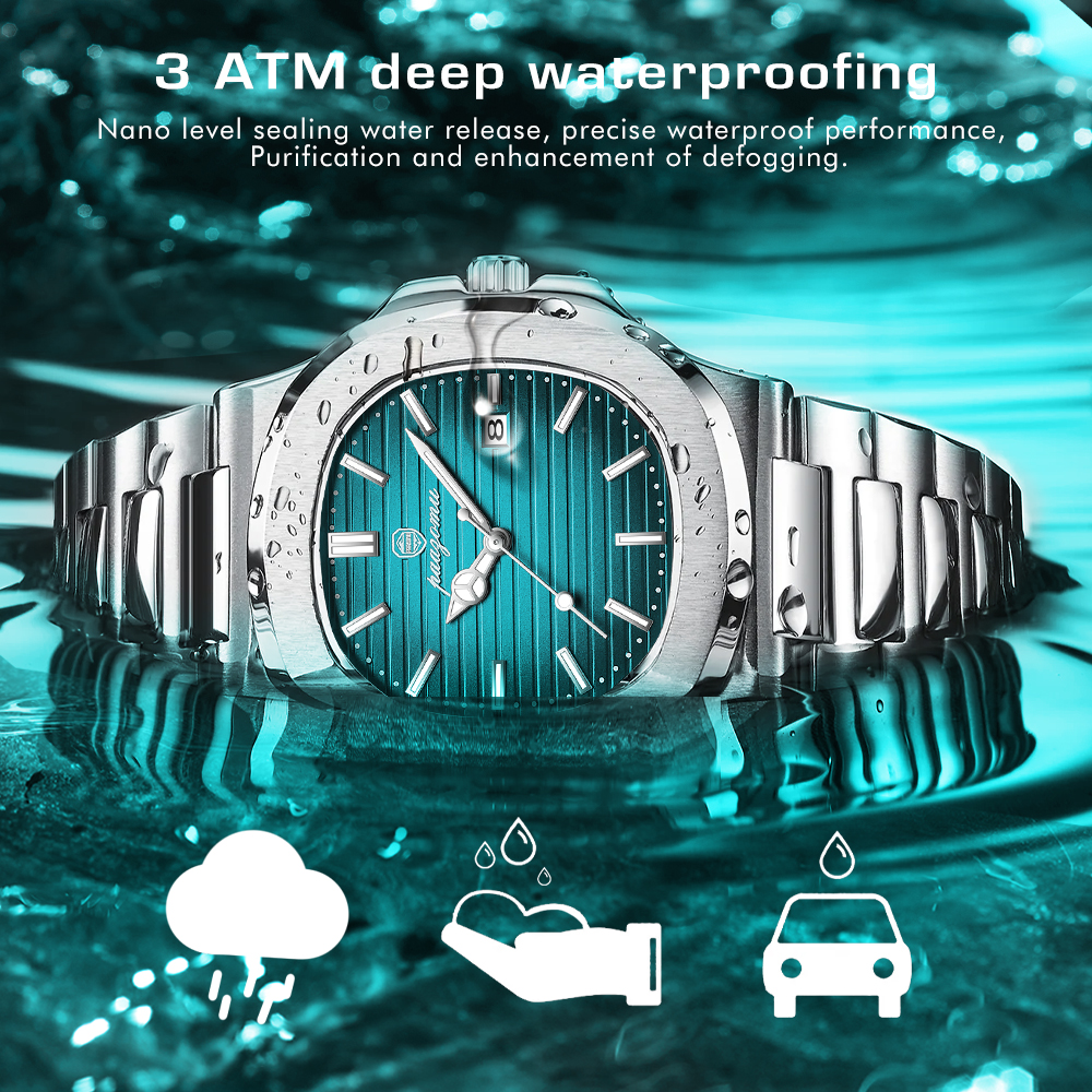 Men Watch Luxury Waterproof, Square Quartz Stainless Steel, Luminous Date Business Male Clock