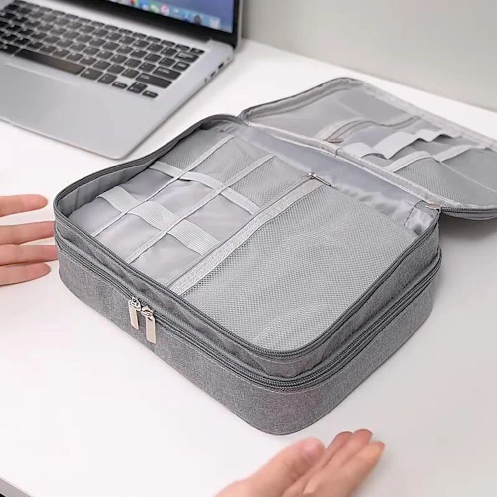 Waterproof Oxford Electronic Accessory Organizer Bag 3-Layer Travel Cable Case for Headphones, Chargers & Office Tech St